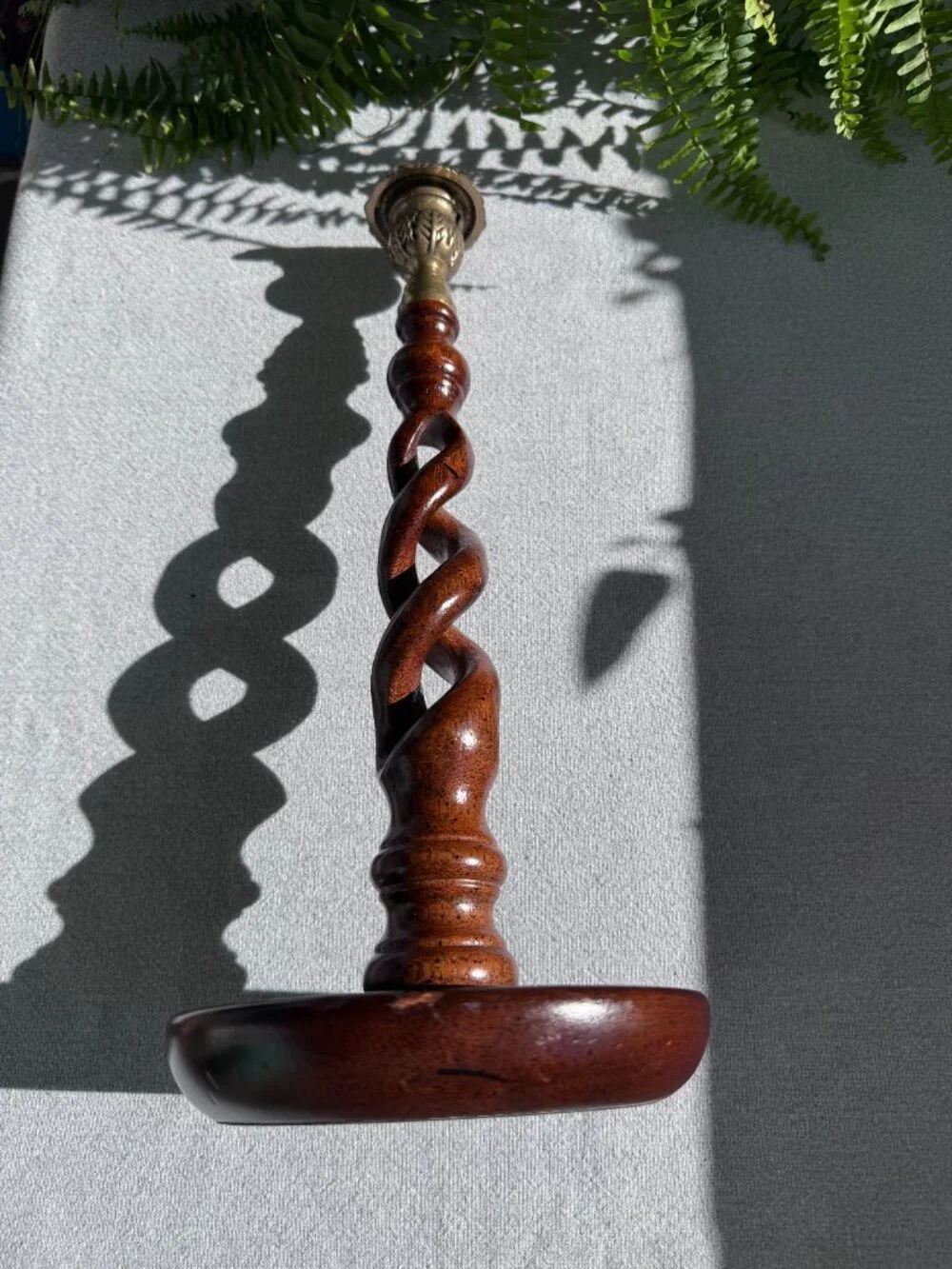 Vintage 15 Inch Wooden Open Barley Twist Candlestick Holder with Brass Sconce